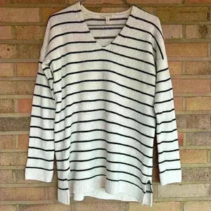 Eileen Fisher petites long sleeve v neck stripe cotton pullover sweater